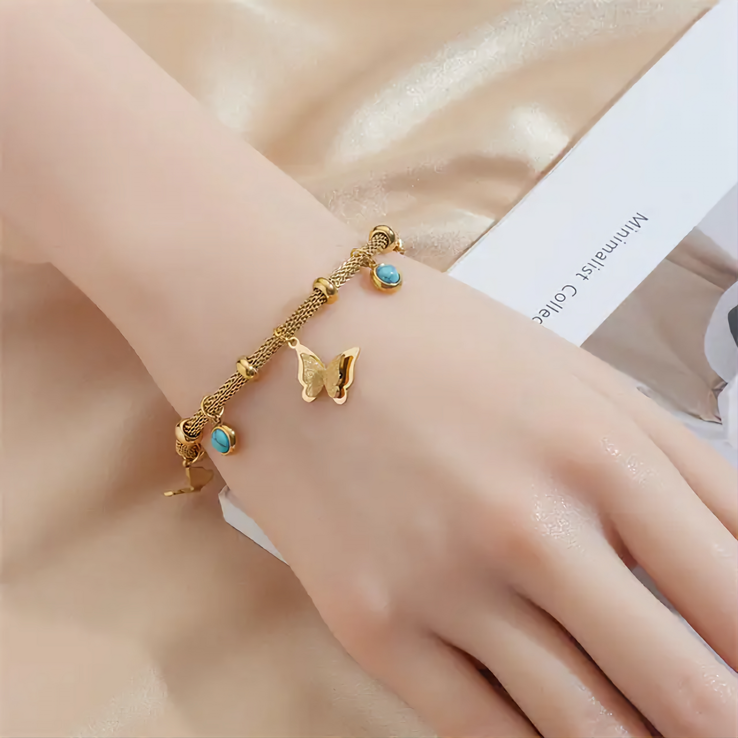 Butterfly Loose Bracelet with turquoise stone charms | lovely gift for her | valentine's | Gold Bracelet for women & Girl