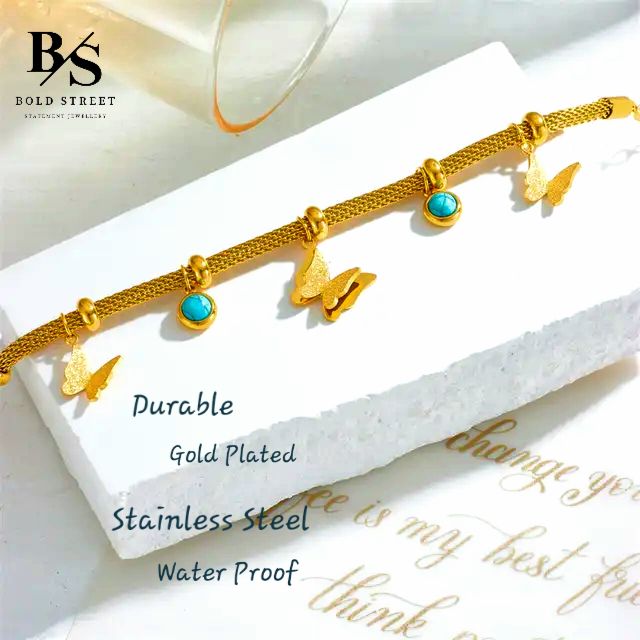 Butterfly Loose Bracelet with turquoise stone charms | lovely gift for her | valentine's | Gold Bracelet for women & Girl