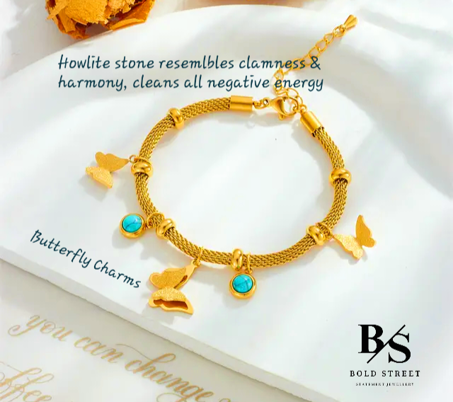 Butterfly Loose Bracelet with turquoise stone charms | lovely gift for her | valentine's | Gold Bracelet for women & Girl