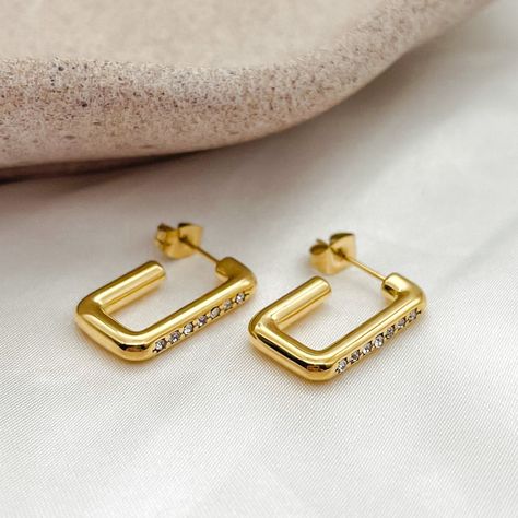 Square Ad stone golden Hoop Earring