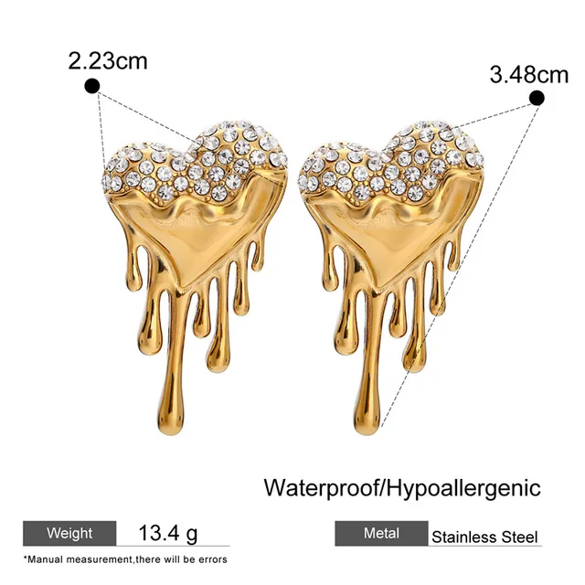 Dripping Heart Diamond earrings 18k gold polished Hypoallergenic steel